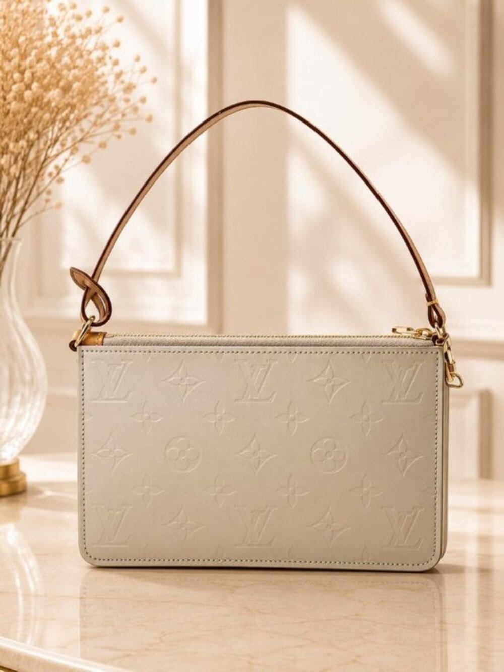 Authentic Louis Vuitton Lexington Monogram Vernis Beige Pochette Shoulder Bag